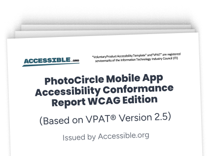 Cover of the PhotoCircle Mobile App Accessibility Conformance Report, issued by Accessible.org.