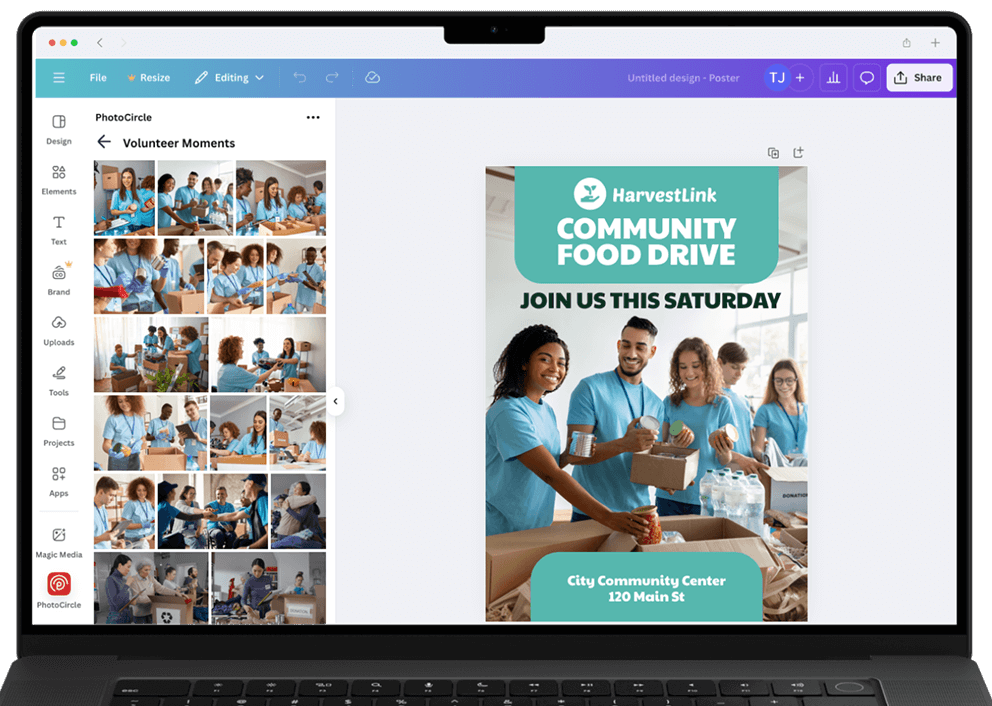 PhotoCircle integration with Canva showing direct design editing from within the app.