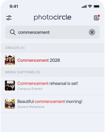 PhotoCircle search interface showing results for photos and videos.