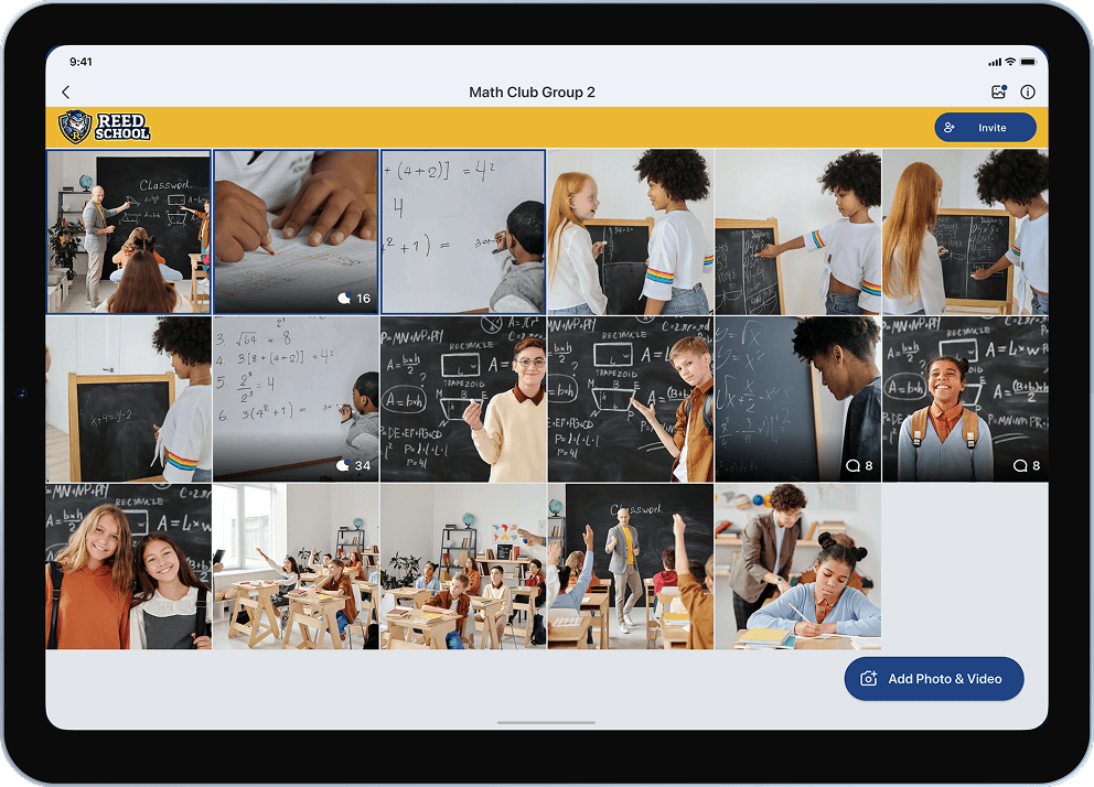PhotoCircle app interface displayed on a smartphone and a tablet showing school event photos.